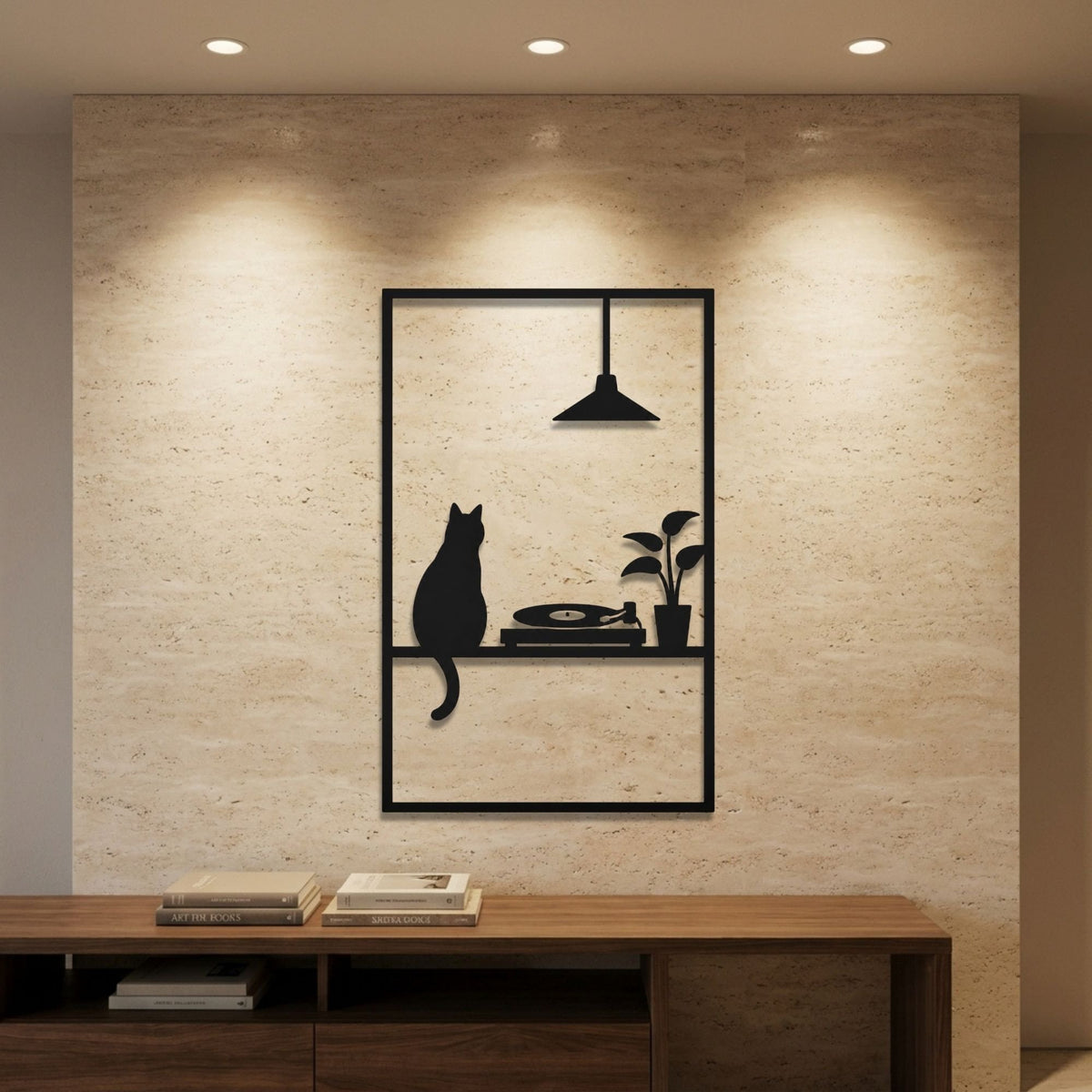 Cat by the Record Player metal wall art – image 1