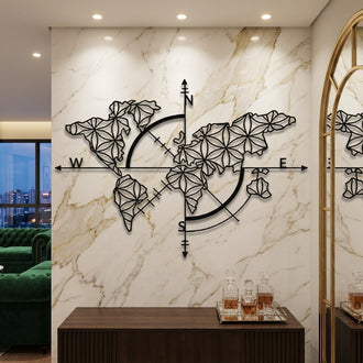 Geometric World Map with Compass Metal Wall Art – Geometric Travel Wall Decor