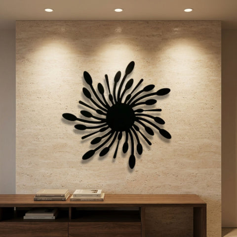 Black Sunburst Bloom Metal Wall Art – Mid-Century Wall Sculpture