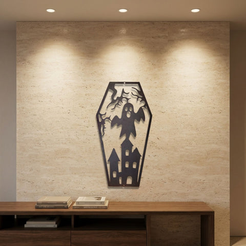 Haunted House Coffin Metal Wall Art – Halloween Wall Decor