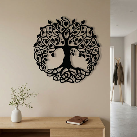Celtic Tree of Life Circle Metal Wall Art – Boho Botanical Wall Decor