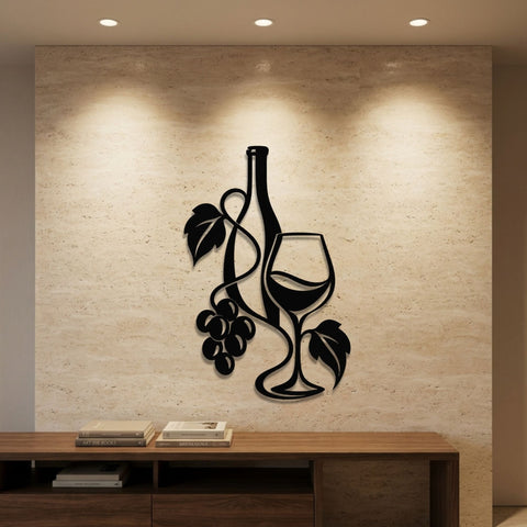 Wine Bottle, Glass and Grapes Metal Wall Art – Modern Kitchen Wall Decor
