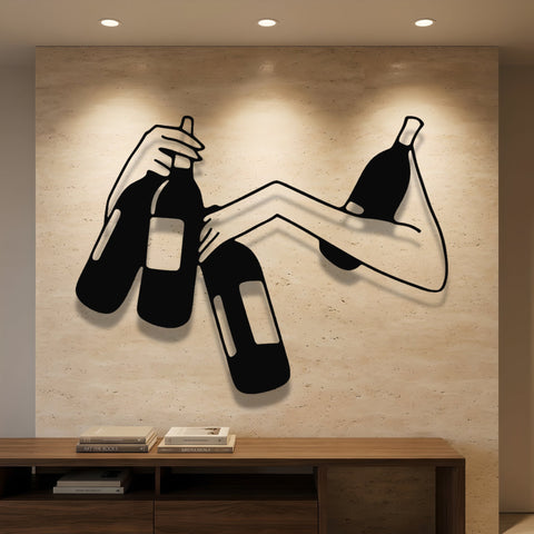 Hands with Wine Bottles Metal Wall Art – Modern Kitchen Wall Decor