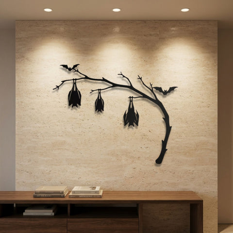Bats on a Curved Branch Metal Wall Art – Halloween Wall Decor