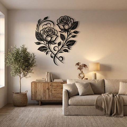 Two Roses Heart Metal Wall Art – Botanical Floral Wall Decor