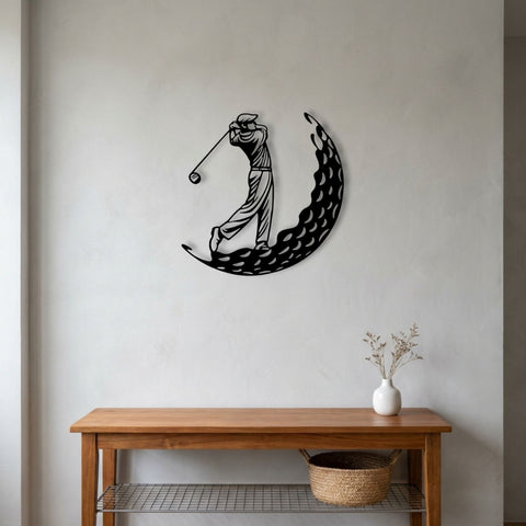 Golfer Swing Crescent Metal Wall Art – Modern Sports Wall Decor