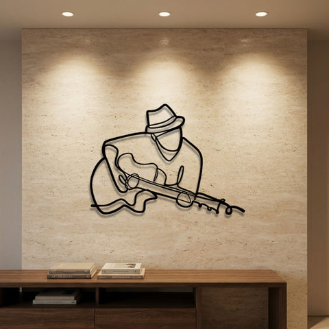 Guitarist in a Fedora Metal Wall Art – Line Art Music Wall Decor