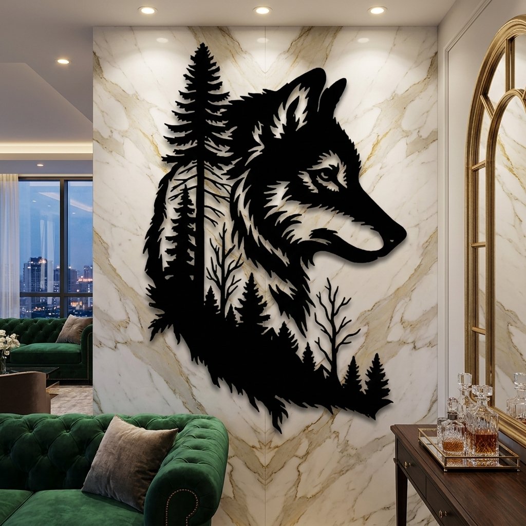 Wolf Head with Pine Forest metal wall art – image 1