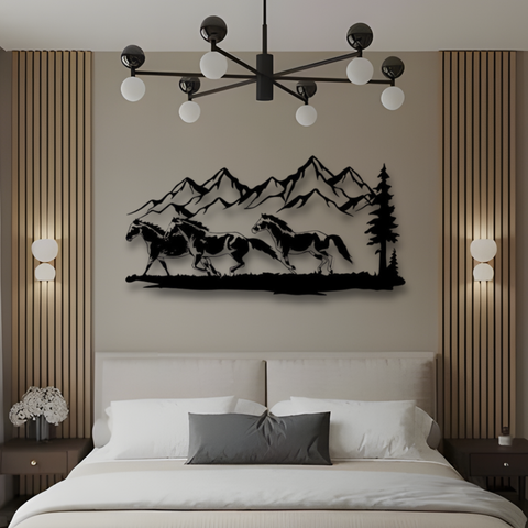 Running Horse and Mountain Metal Wall Art