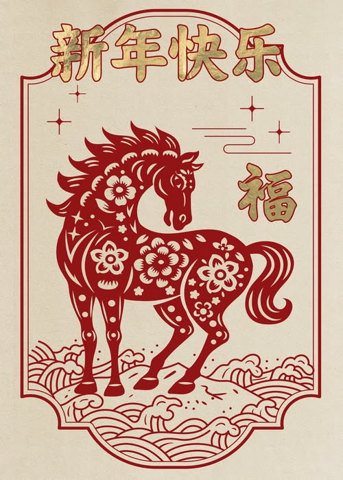 Chinese New Year Horse Print – Retro Wall Print with 新年快乐 福