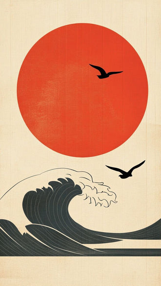 Understated Japanese Wave and Sun Décor Poster – Contemporary Asian Wall Décor