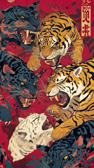 2034 Nostalgic Tigers Illustration Print | Retro Wildlife Wall Poster