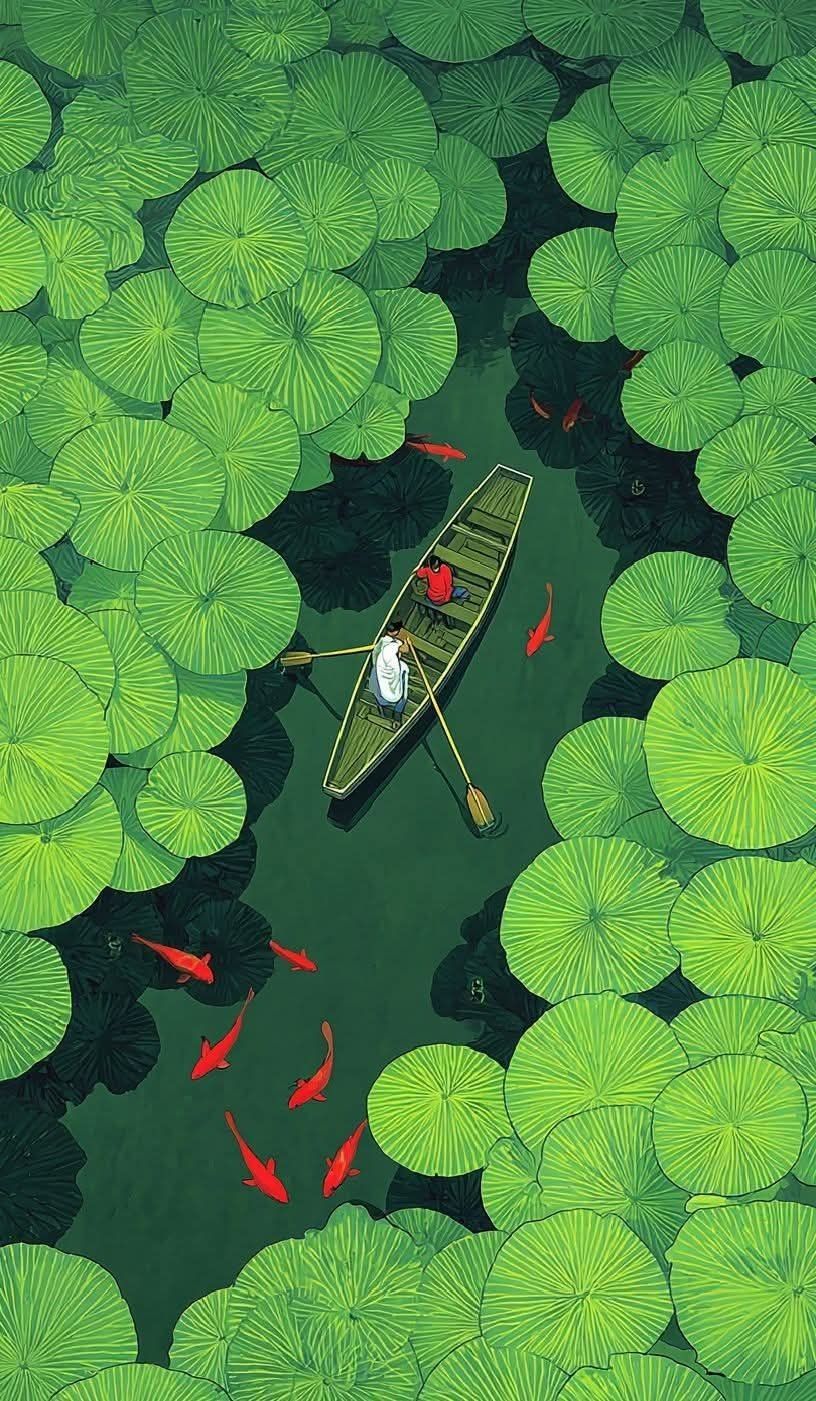 Boat in Lily Pond Aesthetic Wall Décor Print