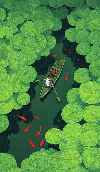Boat in Lily Pond Aesthetic Wall Décor Print