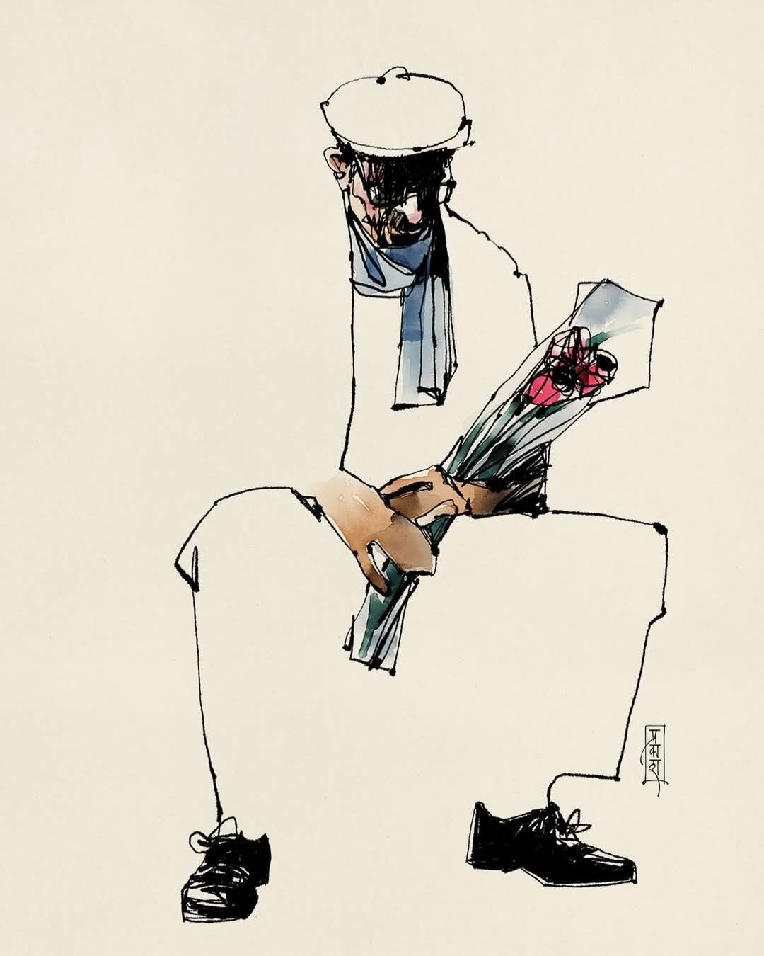 Man with Flowers Minimal Wall Décor, Contemporary Line Art Print for Home Decor