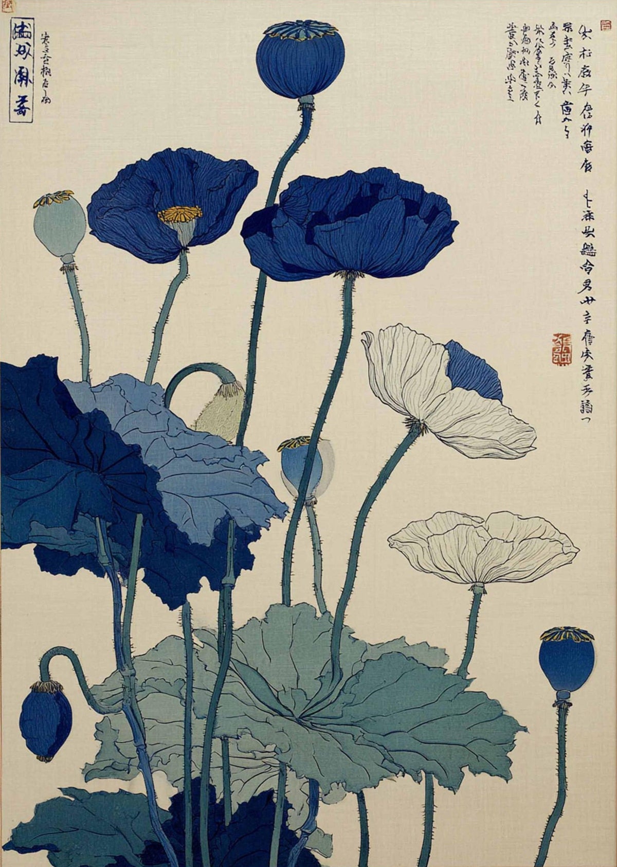 Japanese Botanical Illustration, Nostalgic Lotus Flower Art, Traditional Ukiyo-e Botanical Wall Poster, Blue Floral Wall Print, Japanese Home Decor