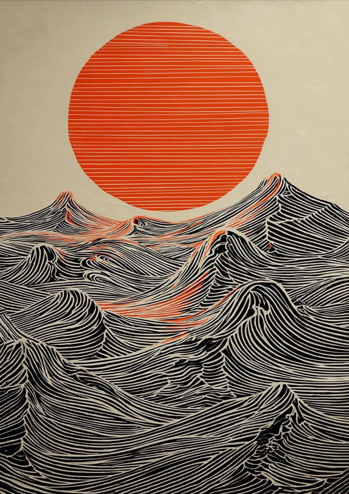 Sun and Waves Wall Print – Minimal Ocean Poster, Expressive Japanese Style Artwork, Bold Contemporary Home Decor