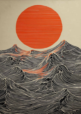 Sun and Waves Wall Print – Minimal Ocean Poster, Expressive Japanese Style Artwork, Bold Contemporary Home Decor