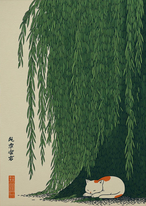 Japanese Style Cat Under Willow Tree Print, Green Nature Wall Print, Calm Zen Artwork