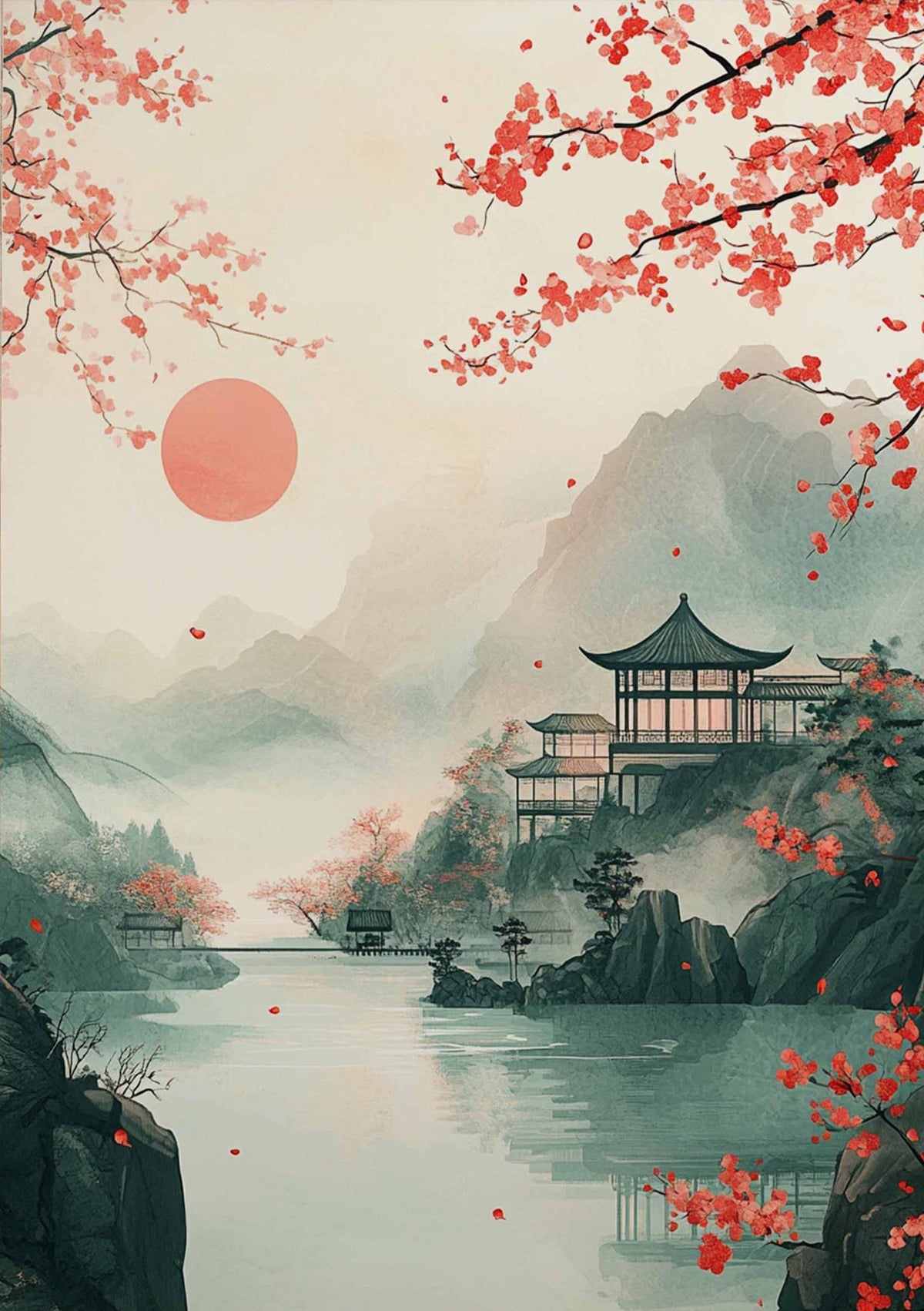 Japanese Landscape Wall Print, Cherry Blossom Temple Wall Poster, Tranquil Sunrise Lake Print for Peaceful Home Decor