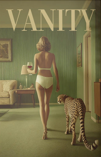 Surreal Woman with Cheetah Nostalgic Animal Art, Retro Fashion Magazine Style Wall Poster, Vanity Aesthetic Gift for Her