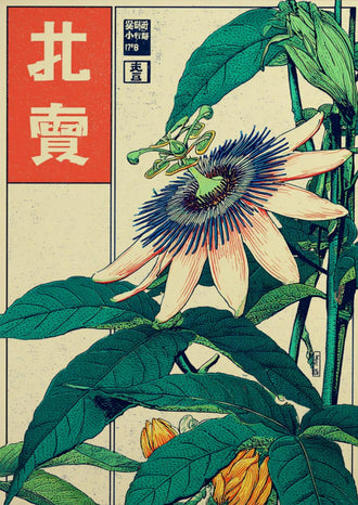 Nostalgic Japanese Passion Flower Wall Poster, Retro Ukiyo-e Botanical Print, Green and Cream Floral Artwork for Japanese Decor
