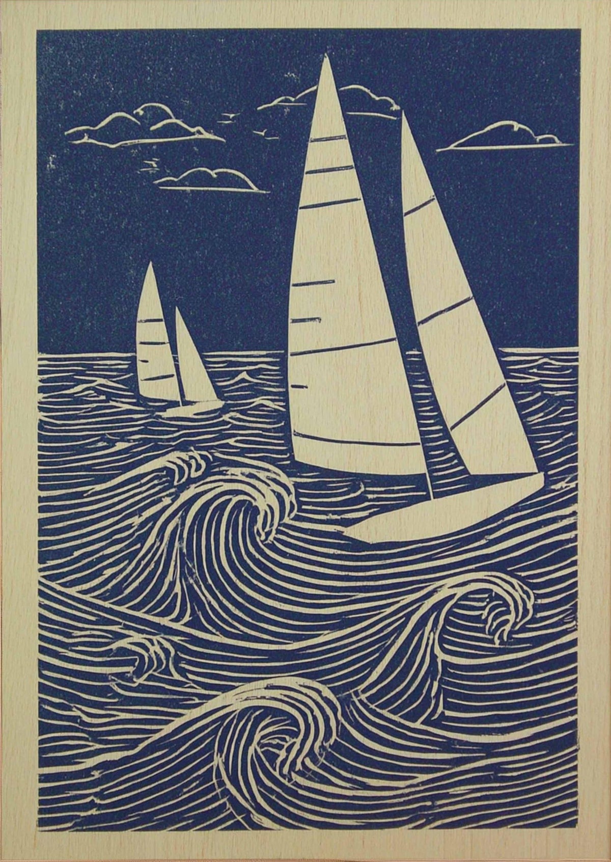 Nautical Sailboat Linocut Wall Print | Heritage Maritime Ocean Print | Coastal Sailing Artwork for Beach House Decor