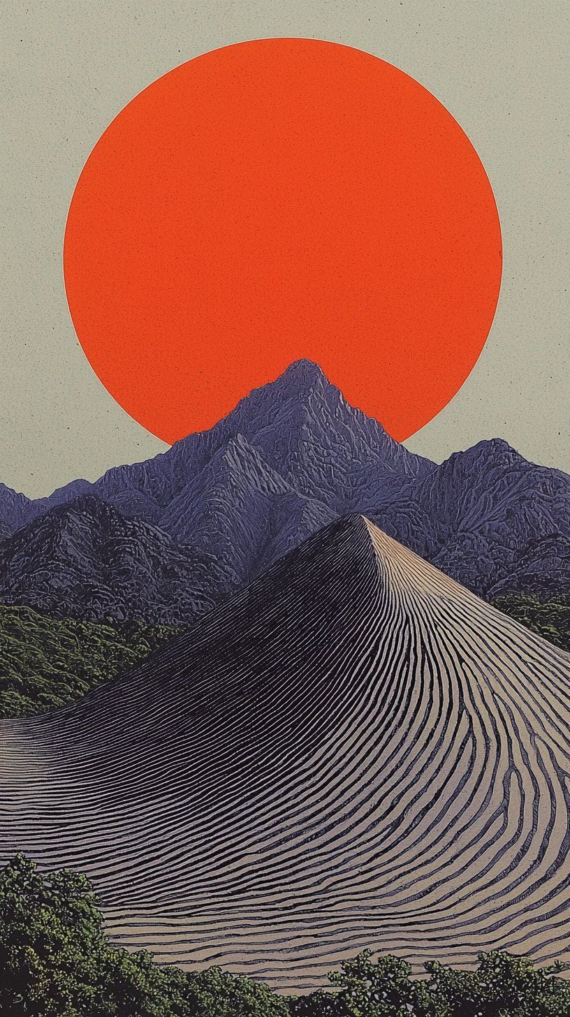 Mountain Landscape with Red Sun Aesthetic Décor Poster Home Wall Poster