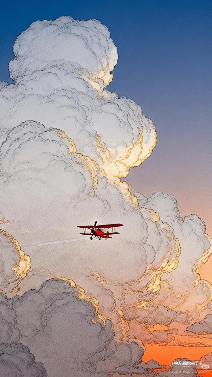 Red Biplane Cloud Aesthetic Wall Print