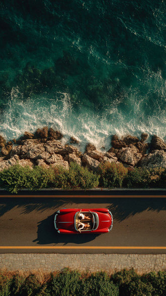 Red Convertible Coastal Road Print, Aesthetic Car Wall Print