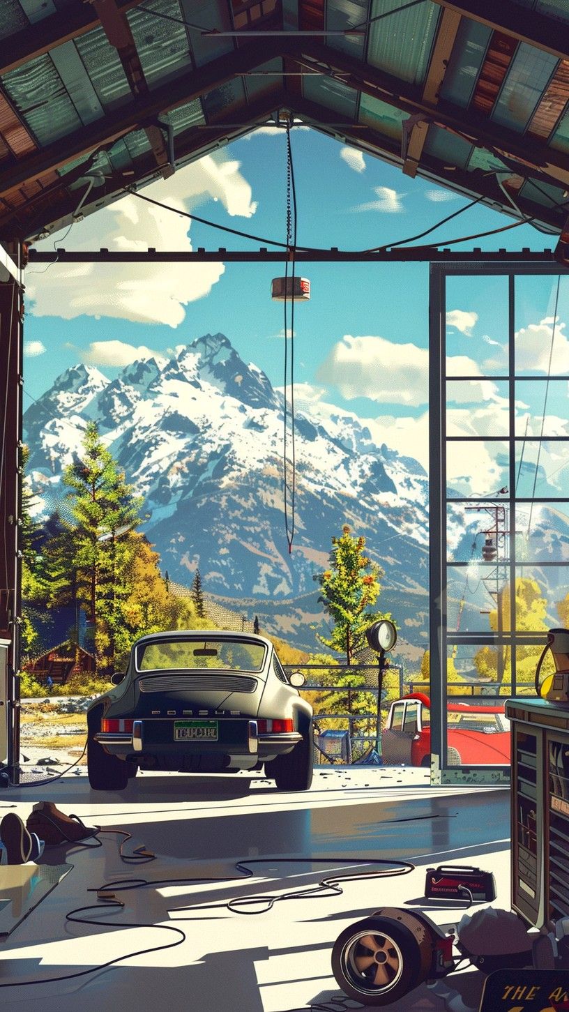 Porsche Retro Car Mountain Garage Aesthetic Wall Décor Poster Print