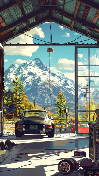 Porsche Retro Car Mountain Garage Aesthetic Wall Décor Poster Print