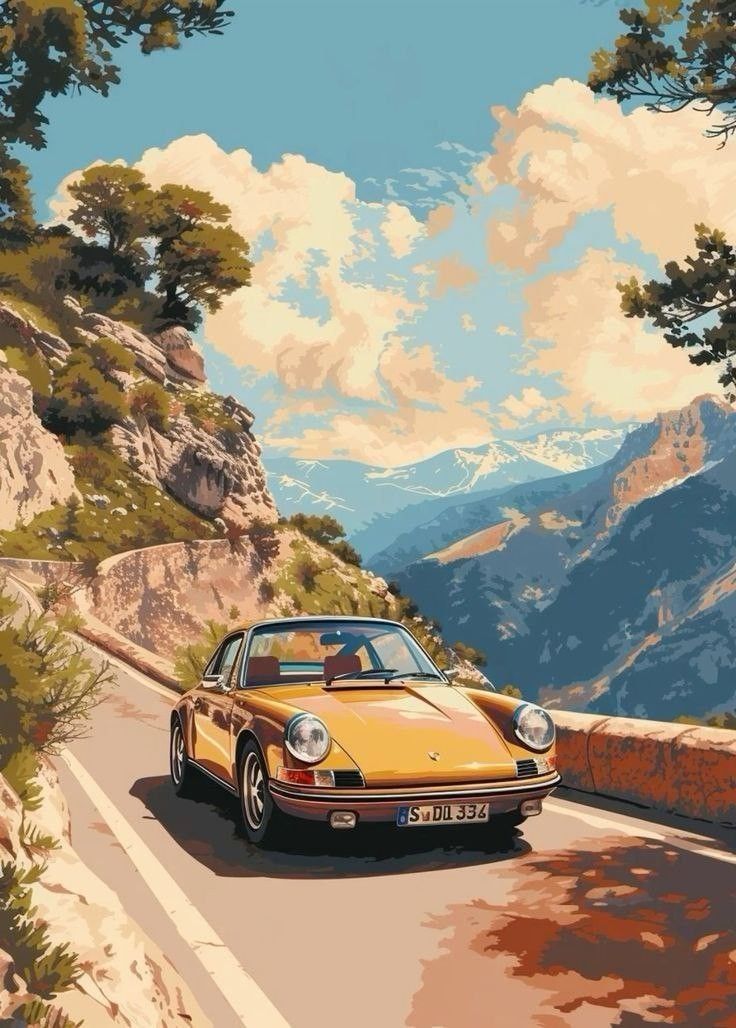 Retro Porsche Mountain Road Home Art Décor Poster – Timeless Car Print for Home Decor