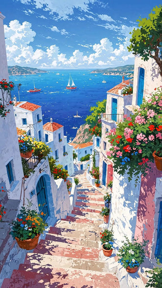Mediterranean Coastal Village Home Art Décor Poster – Aesthetic Seaside Print for Home Decor
