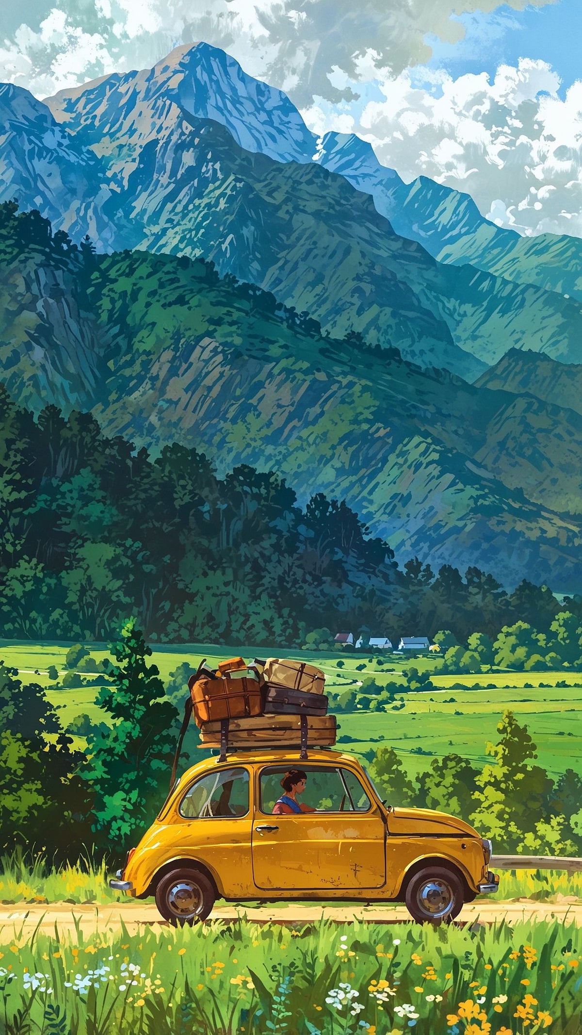 Yellow Car in Mountain Landscape Aesthetic Print Wall Print