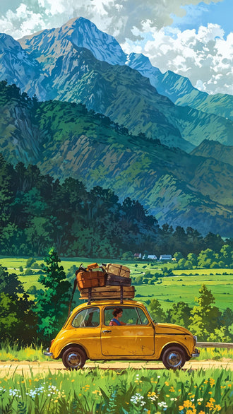 Yellow Car in Mountain Landscape Aesthetic Print Wall Print