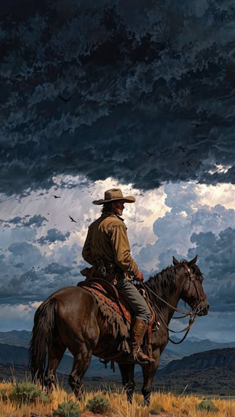 Cinematic Cowboy Under Stormy Sky Décor Poster | Western Horseback Home Wall Poster