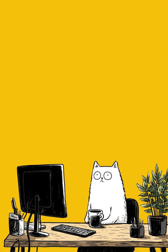 Cat at Desk Aesthetic Office Décor Poster, Cute Cat Wall Décor