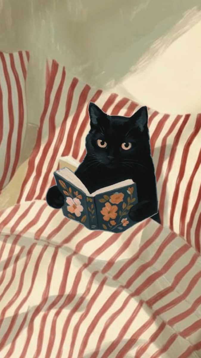 Cat Reading Book Aesthetic Wall Poster, Cozy Cat Wall Print for Book Lovers