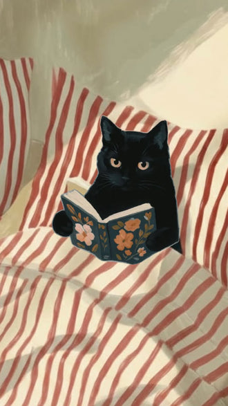 Cat Reading Book Aesthetic Wall Poster, Cozy Cat Wall Print for Book Lovers