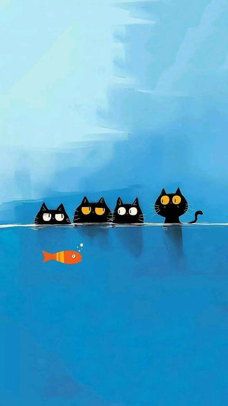 Aesthetic Cats and Fish Illustration Print, Whimsical Cat Wall Print