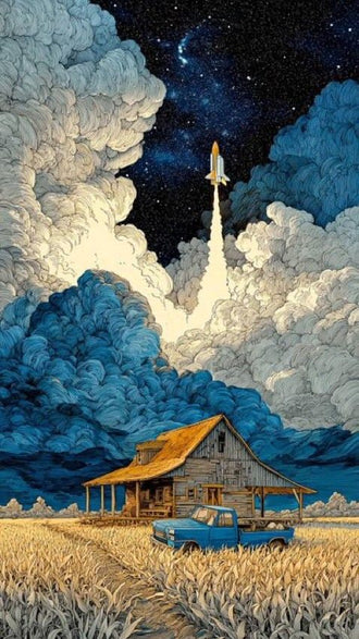 Rocket Launch Over Farmhouse Aesthetic Wall Print Décor Poster Print