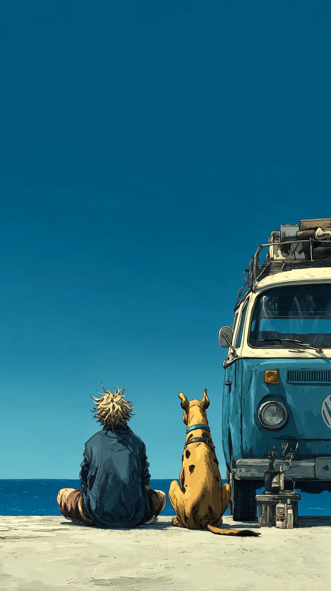Beach Van Dog Aesthetic Wall Print Décor Poster – Relaxed Volkswagen Camper at the Shore