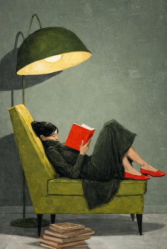 Woman Reading on Green Chair Art, Cozy Reading Moment Print, Red Shoes Wall Décor Poster, Contemporary Relaxing Scene Decor