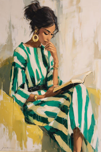Contemporary Portrait of Woman Reading in Green Striped Dress, Thoughtful Female Artwork, Large Wall Print for Home Decor