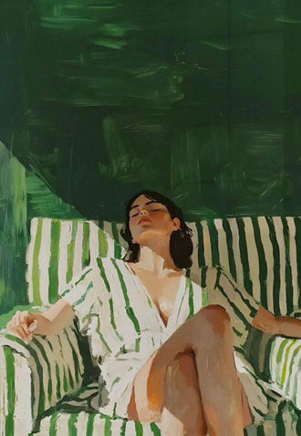 Sleek Figurative Wall Poster of Relaxed Woman in Striped Dress with Green and White Chair, Oversized Contemporary Artwork