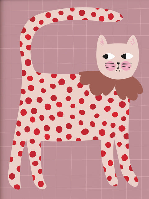 Colorful Cat Print with Red Polka Dots – Nursery Wall Print for Kids Room or Playroom Decor
