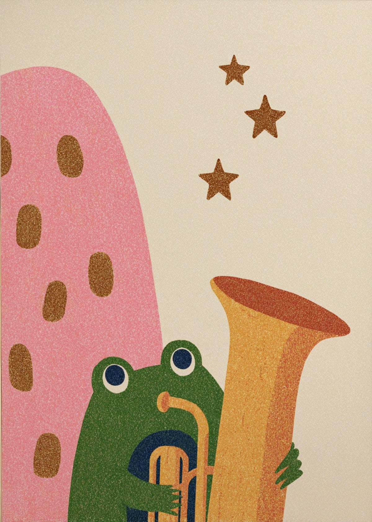 Playful Frog Wall Décor Poster, Whimsical Animal Décor Print with Trombone and Starry Contemporary Kids Room Design
