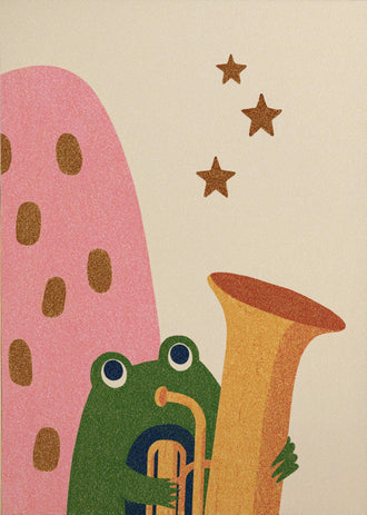 Playful Frog Wall Décor Poster, Whimsical Animal Décor Print with Trombone and Starry Contemporary Kids Room Design