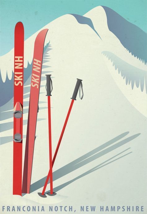 Ski NH Franconia Notch Retro Skiing Wall Poster, New Hampshire Wall Poster